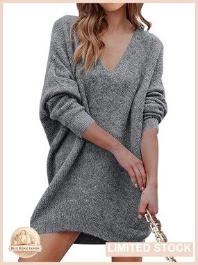 Oversized Ribbed Knit V Neck Long Sleeve Sweater Dress Casual Pullover